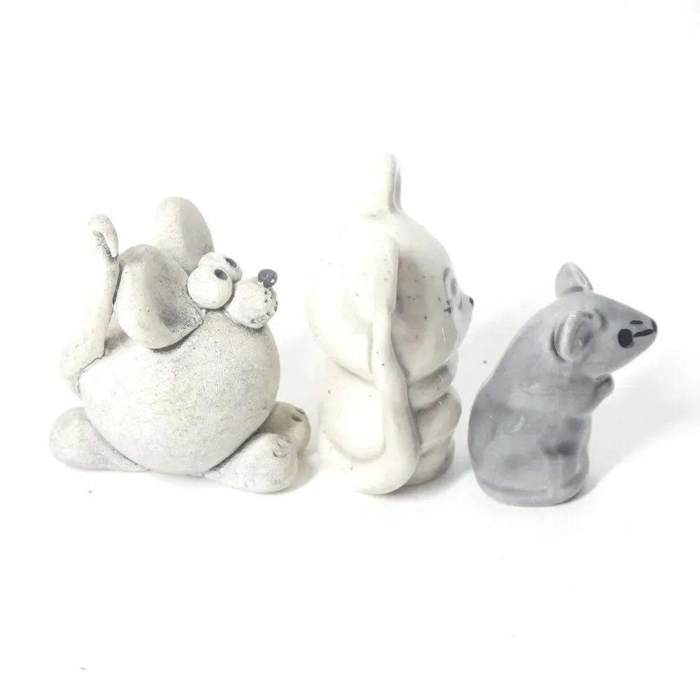 3 Mouse Figurines Handmade Clay Pottery Ceramic Miniature Mice
